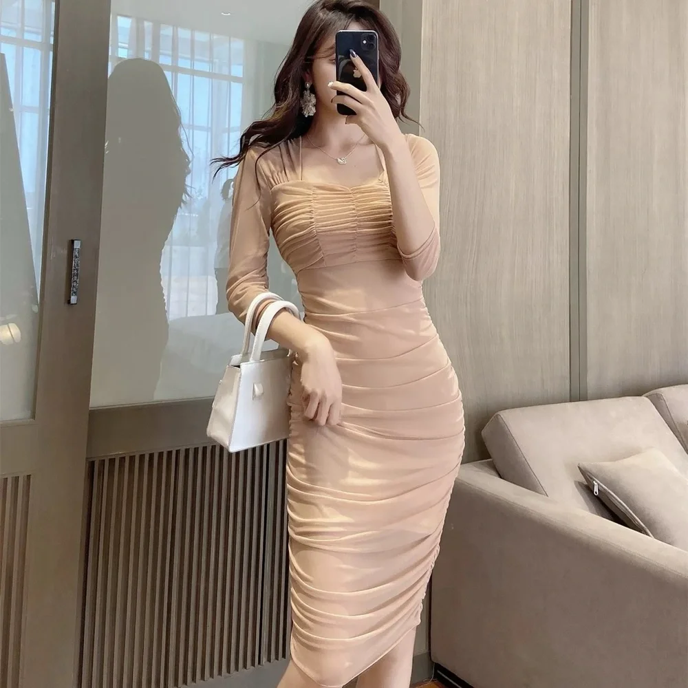 Elegant Tan Ruched Dress, used once and in clean/perfect condition